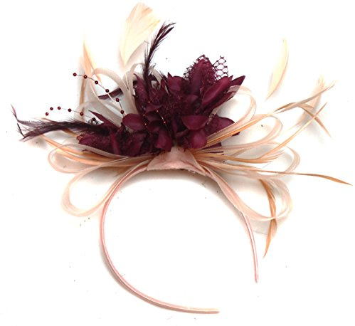 Naken lax och vinröd vin mörk röd fjäder hår fascinator pannband bröllop kunglig askot races damer