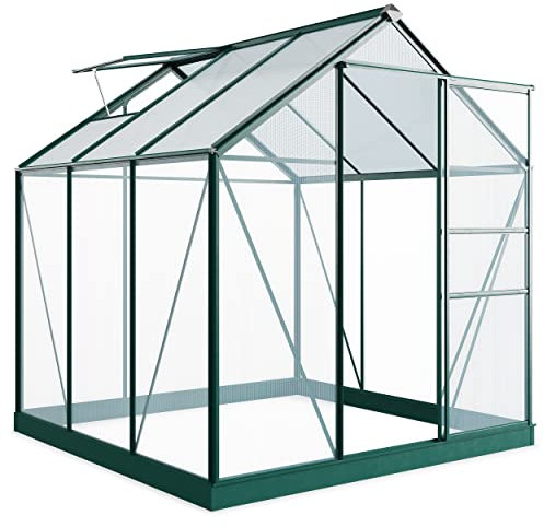 BillyOh 6x6 Polycarbonate Greenhouse Aluminium Frame | Walk In Greenhouse with Sliding Door, Apex Roof Design & Roof Vents - Green House for Garden with Built-in Guttering for Efficient Plant Growth