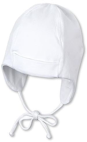 Sterntaler OCS Mütze - Baby Beanie Mütze aus Singlejersey (Bio) doppellagig - Unisex Kopfbedeckung mit Ohrenklappen - Baby und Kinder Übergangsmütze zum Binden - ab Geburt - weiß, Größe 39