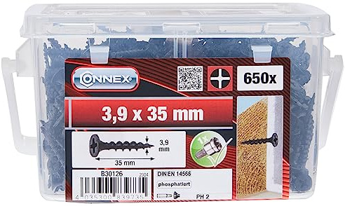Connex Schnellbauschrauben 3,9 x 35 mm – 650 Stück | Mit Grobgewinde – Trompetenkopf – PH Phillips-Antrieb – Schwarz phosphatiert – Inkl. Tiefenstopp – Trockenbauschrauben