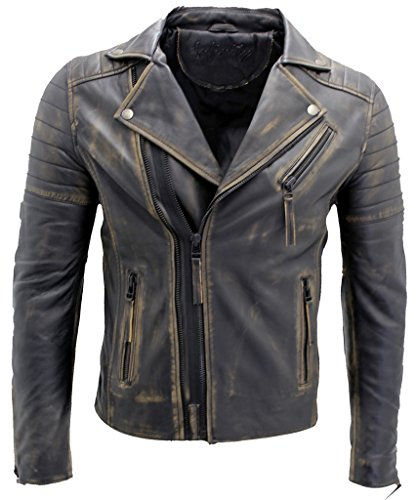 Infinity Leather Croce Nera Zip Brando Annata Pelle Chiodo Uomo