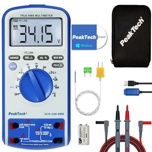 PeakTech P 3415 – TRUE RMS Digital Multimeter 6000 Counts mit USB, Durchgangsprüfer, Temperatur und Autorange - Cat III 1000V/ CAT IV 600V