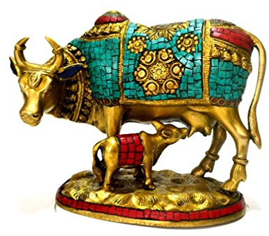 CraftVatika 9 Beautiful Lucky Nandi Kamdhenu Vaca Y Becerro Escultura Bronce Estatua ídolo religioso - Regalo Ducha Inicio decoración de la Madre del bebé