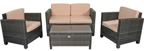 Rattan Loungeset Jazz Alu-Gestell geflammt-braunes Geflecht, Tisch mit Glasplatte