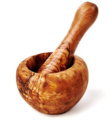 Mortier et Pilon en Bois, Bois D 'ol Ivier, Rond Bord - Nuances De Brun, ca. 10cm Durchmesser