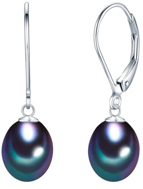 Valero Pearls Damen Perlenohrhänger 925/- Sterling Silber mit echter Perle | Süßwasser-Zuchtperlen,Perlengröße 8-9mm,Tropfenform,Pfauenblau,Silberohrhänger,Klappcreolen,Silberohrschmuck,Perlenohrringe