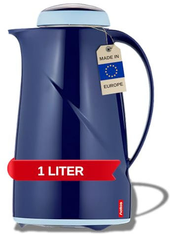 Helios Wave Thermoskanne Dunkelblau 1L - 6h Heiß - Hält Getränke heiß & kalt Spülmaschinenfest – Leichter, robuster Kunststoffmantel – Ideal für Kaffee & Tee