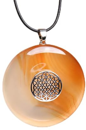 Budawi® Karneol Donut Anhänger | Edelstein Donut mit Blume des Lebens Halter | Naturstein Schmuck mit Lederband