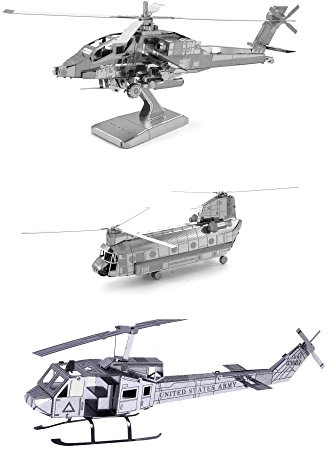 Fascinations Set of 3 Metal Earth 3D Laser Cut Helicopter Models: AH-64 Apache - CH-47 Chinook - UH-1 Huey