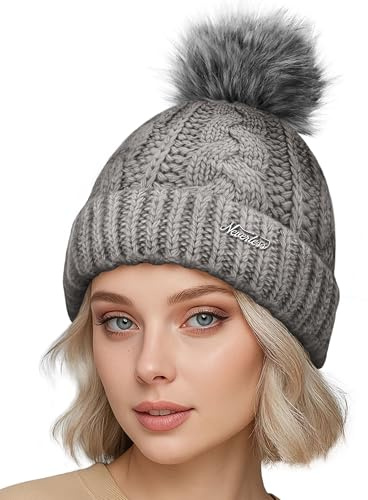 Neverless® Damen Strickmütze mit Pompom Zopfstrickmuster Bommelmütze gefüttert mit Fleece Wintermütze Model 1979