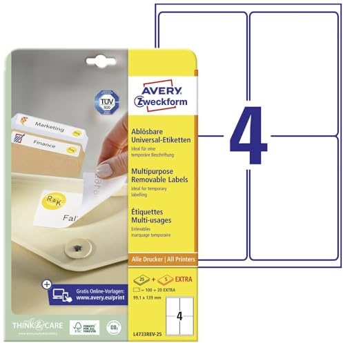 AVERY Zweckform L4733REV-25 Universal Etiketten (100 plus 20 Klebeetiketten extra, 99,1x139mm auf A4, wieder rückstandsfrei ablösbar/abziehbar, bedruckbar, selbstklebende Aufkleber) 30 Blatt, weiß