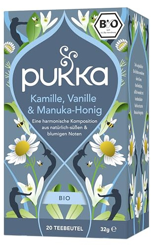 Pukka Bio Kräutertee Kamille Vanille Manuka-Honig, 20 Beutel | Für den Abend: „Süßer Honig und Vanille“, koffeinfreier Tee, Bio-Kamille, Süßholz und Fenchel