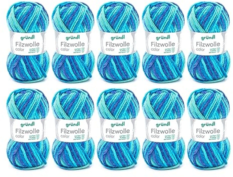 Gründl Wolle Filzwolle color 10 Knäuel 50 g, aqua | Dicke Wolle zum Filzen in der Waschmaschine - Strickgarn zum Filzen - 100 % Schurwolle - 50 g /50 m -Nadelstärke 8-9
