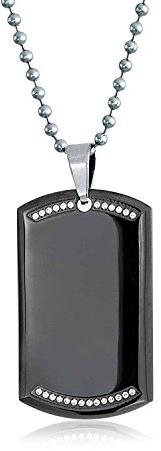 Bling Jewelry Gravierbare Cz Rand Schwarz Hundemarke Anhänger Halskette Für Männer Poliert Edelstahl Mit Bead Ball Kette 24 In