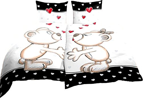 Leonado Vicenti 4 teilige Bettwäsche Microfaser Partnerbettwäsche 135x200 cm küssende Bärchen schwarz weiß rot mit Reißverschluss