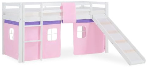 Homestyle4u Kinderbett Hochbett aus Massivem Kiefernholz mit Rutsche Rosa, 90 x 200 cm, Weiß Lackiert, mit Vorhang aus Baumwolle
