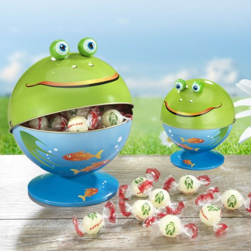 Metallene Frosch-Bonboniere (Höhe ca. 16 cm, Ø 14 cm, 225g (1 Stück)) Gefüllt ist das Maul des Frosches mit unseren erfrischend, prickelnden Napoleon-Zitronen-Bonbons…
