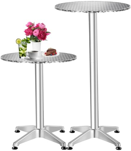 tectake® Mesa de Bar Bistró en Aluminio, Ajustable a 2 Alturas: 70 o 110 cm, Mesa Alta Bar con Tablero Ø: 60 cm, Mesa Auxiliar Mesa Cocina, con Tablero Revestido en Acero Inoxidable Pulido