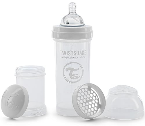 Twistshake Anti-Kolik Babyflasche mit Milchpulverbehälter und Mixer - 260 ml | Silikon-Brustwarze mit mittlerem Durchfluss | BPA-freie Babymilchflasche | Geeignet für Babys ab 2 Monaten | Weiß