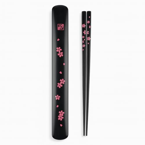 Portable Bamboo Chopsticks with Case – Reusable Travel Chopsticks Utensil Set, Dishwasher Safe, Sakura Pattern, Made in Japan