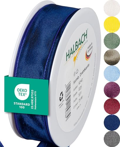 Halbach Geschenkband mit Drahtkante, 25 mm x 25 m, dunkelblau | Taftband mit formbarer Drahtkante aus 100% Acetat, Made in Germany, Öko-Tex 100 zertifiziert, wetter-/wasserfest