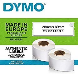 Dymo kontorsetikett författarpapper, 2 rullar med 130 x 2 vita adressetiketter, totalt 260 etiketter, direkt termisk utskrift, dataportort från Excel, Outlook och Google-kontakter