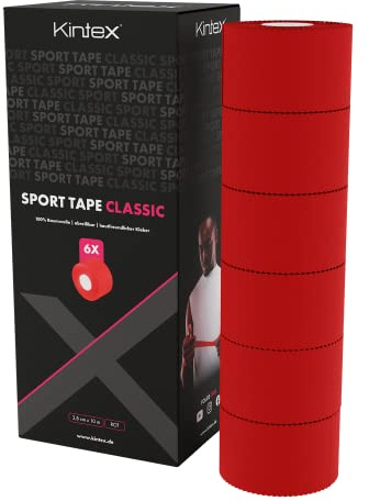 Kintex sporttejp, 6 rullar 3,8 cm x 10 m, oelastisk, styv tejp, för fixering och stabilisering av leder, fingertejp, tejp, hudvänlig, slitstark (röd)