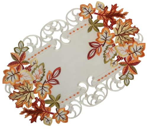 Chemin de table/napperon Blanc Motif brodé avec feuilles d'automne multicolores , Polyester, Weiß, 30 cm x 45 cm