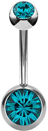 eeddoo® Doppio cristallo Piercing da ombelico acciaio argento ~ ~ 13 colori | 4 misure ~ ~ in acciaio inox/acciaio chirurgico – 1,6 X 6,8,10,12 mm – Piercing banane Belly Button Navel Curved Barbell blingworld, BZ - Zircone blu, colore: argento, cod. 24345