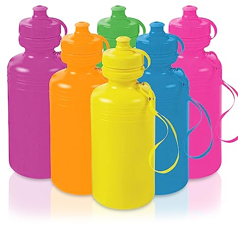 Fun Express Kids Water Bottles Bulk 12 Pack - Plastic 18 oz Leak Proof Squeeze Bottles with Pop Top Lids & Straps | Perfect for School, Sports Teams, Birthday Parties & Fundraising Events