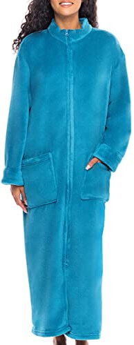 Alexander Del Rossa Long Zip Up Robes - Plush Zipper Housecoats for Plus Size Women, Turquoise Medium (A0300ODPMD)
