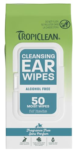 TropiClean Dog Ear Wipes Grooming Supplies - Alcohol Free Ear Cleaning Wipes for Dogs & Cats - Gently Dissolves Wax & Debris - Removes Odour, Soothes Itching & Infection, Kiwi Fragrance Free, 50ct
