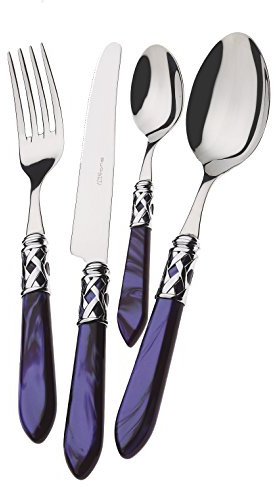 BUGATTI, Aladdin, Ensemble de Couverts 24 pièces en Acier Inoxydable 18/10, Anneau chromé et poignée Bleu Effet Nacre. Set 6 Personnes: 6 cuillères, 6 fourchettes, 6 Couteaux et 6 cuillères à café