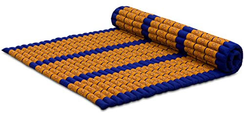 livasia Rollmatte XXL breit Doppelbett - 200x145x4,5cm - Gästebett Gästematratze 2 Personen mit Muster, Reisebett für Kofferraum und outdoor, Thaimatte Kapok Garten und Balkon (Blau/Gelb)