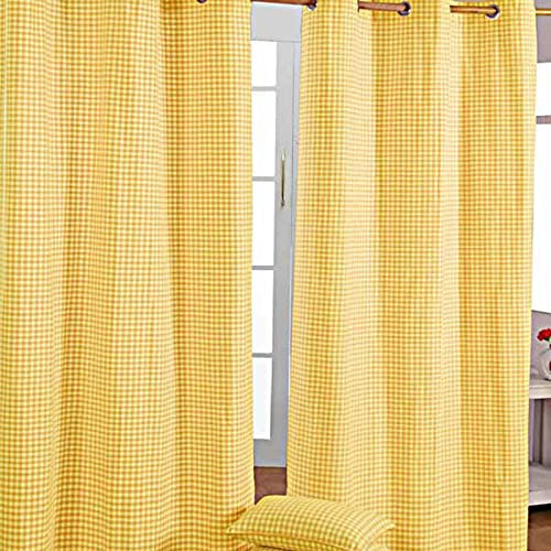 HOMESCAPES Yellow Gingham Check Eyelet Curtain Pair 100% Cotton 137cm (54”) Wide x 182cm (72”) Drop