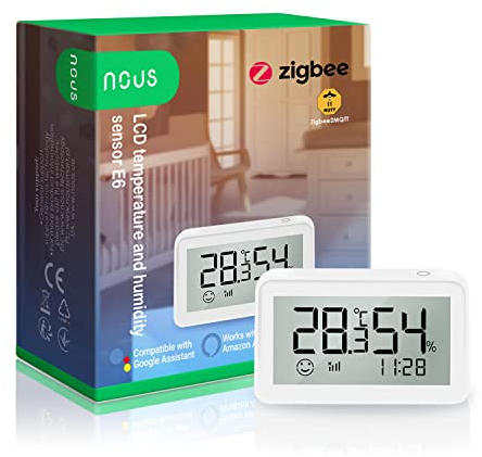 NOUS E6 Thermomètre et Hygromètre Connecté LCD ZigBee, Thermometre Interieur, Température et d'humidité Intelligent, Compatible avec Alexa, HomeKit, Tuya, Smart Life ZigBee2MQTT, Requis Hub NOUS E1/E7