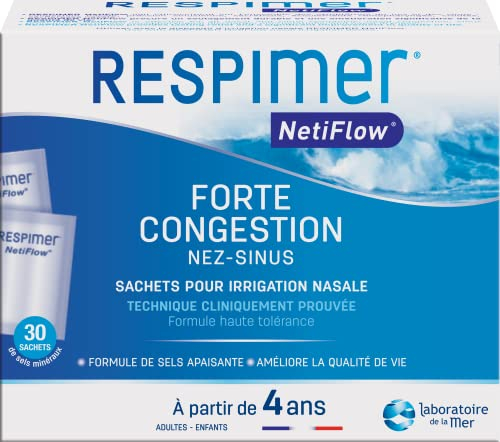 RESPIMER NetiFlow – 30 bolsas de sales minerales – Lavado de nariz – Complejo patentado – Recambio para kit de riego nasal – rinitis y rinosinusitas – a partir de 4 años – Fabricado en Francia.