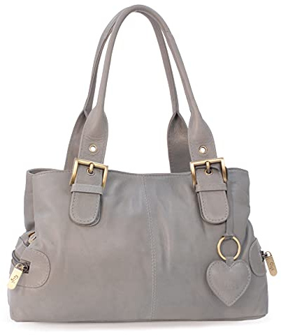 Gigi - Women's Leather Top Handle Bag - Small/Medium Handbag - Multiple Pockets - With Heart Keyring Charm - Othello 6165 - Light Grey