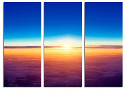 Paul Sinus Art 130x90cm – Keilrahmenbild Flugzeugperspektive Sonnenuntergang lila-gelb-blau romantisch 3teiliges Wandbild auf Leinwand und Keilrahmen - Fotobild Kunstdruck Artprint