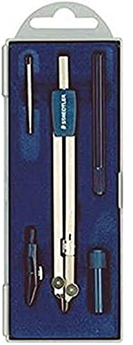 STAEDTLER 559 C05 ST Zirkel-Set (exakt und präzise, abknickbarer Bleischenkel und Nadelschuh, Set mit Messingzirkel, Ersatzteildose, Reißfeder mit Halter und 2mm Nadel im Klappetui) | Schrägzahnführung, Klappdeckeletui mit Tuscheziehteil & Minendöschen – Art.-Nr. 559 C05