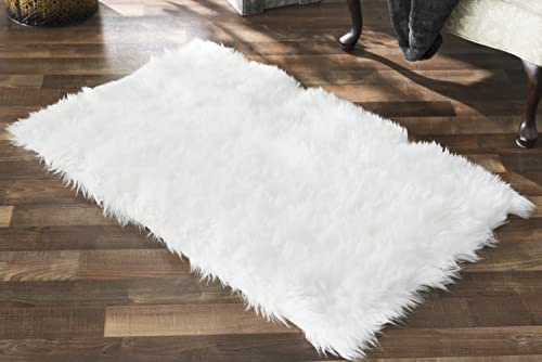 Silky Soft Faux Fur Rug, 2 ft. x 4 ft. White Fluffy Rug, Made in France, Sheepskin Area Rug, Rectangle Rug for Living Room, Bedroom, Kid's Room, or Nursery, Home Décor Accent with Non-Slip Backing