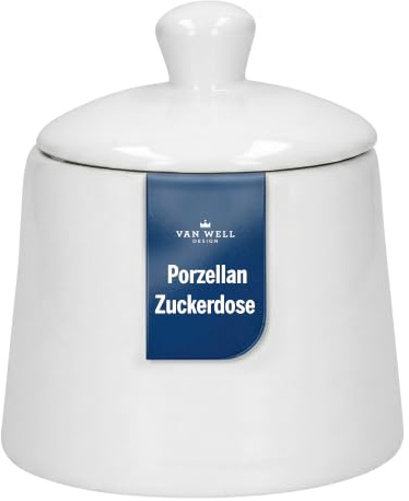 Van Well Zuckerdose Porzellan Weiß 280ml mit Deckel – Eleganter, multifunktionaler Behälter für Zucker und Gewürze – Ideal für Kaffeetafel, Küche und Gastronomie