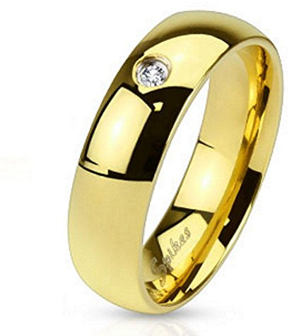 Bungsa Hochzeitsring Gold mit Kristall Edelstahl Damen & Herren 49-70 (Fingerring Schmuckring Zirkonia Stein Partnerringe Verlobungsringe Trauringe Damenring Chirurgenstahl)