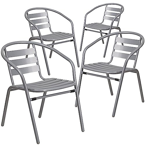 Flash Furniture Lila 4 Pack Silver Metal Restaurant Stack Chair with Aluminum Slats