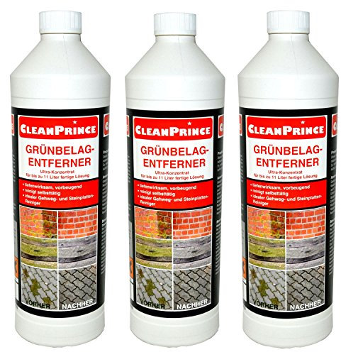 CleanPrince Eliminador de Verdín 3 x 1 litro Alto concentrado Verdín borrar Eliminador Limpiador Verdín-Eliminador Trituradora Musgo Verdete Madera Vaso Hormigón Piedra Natural Mármol