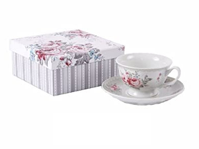 Home Line Taza y Plato de Porcelana con Caja de Regalo - Modelo Rosas