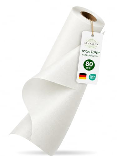 Sensalux Tischläufer Vlies 30 cm x 25 m Weiß, abwaschbar | wasserabweisend, stoffähnliches Tischband, OEKO-TEX, Party Hochzeit Catering Event
