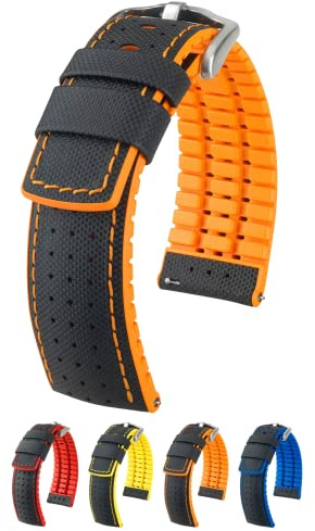 HIRSCH Performance | Ersatzband Uhrenarmband aus Leder/Kautschuk schwarz/orange Segeltuchoptik 30955S, Stegbreite:22mm