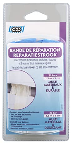 GEB Bande de réparation en fibre de verre pour fuites, fissures et trous sur tous matériaux rigides : cuivre, inox, acier, fonte, PVC, fibre de verre, bois, béton, Blanc, 1,5 m x 5 cm