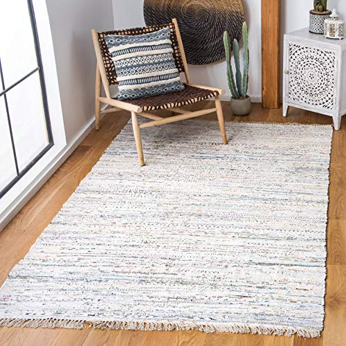 SAFAVIEH Rag Rug Collection Area Rug - 4' Square, Ivory & Multi, Handmade Boho Stripe Cotton, Ideal for High Traffic Areas in Living Room, Bedroom (RAR121G)